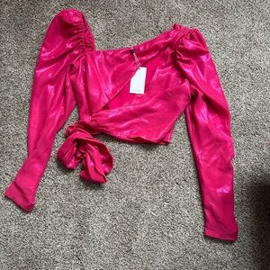 Lovers + Friends Hot Pink Satin Puff Sleeve Wrap Top
